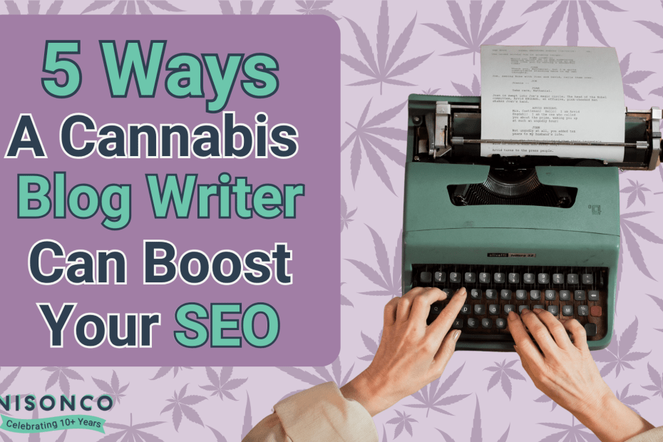 Hands type on a typewriter explaining 5 ways a cannabis blog writer can boost SEO