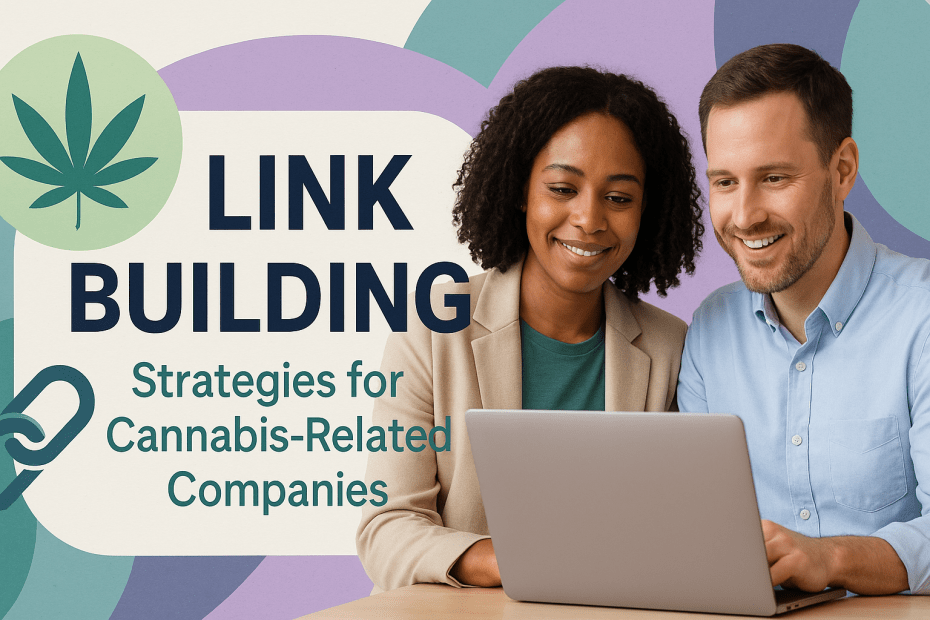 Cannabis Link Building Strategies for Cannabis Companies. Two SEO experts looking at a computer screen.