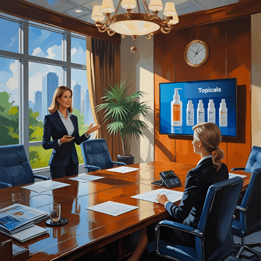 Female PR rep speaking to a cannabis topicals company CEO in a boardroom setting about their cannabis brand reputation management.