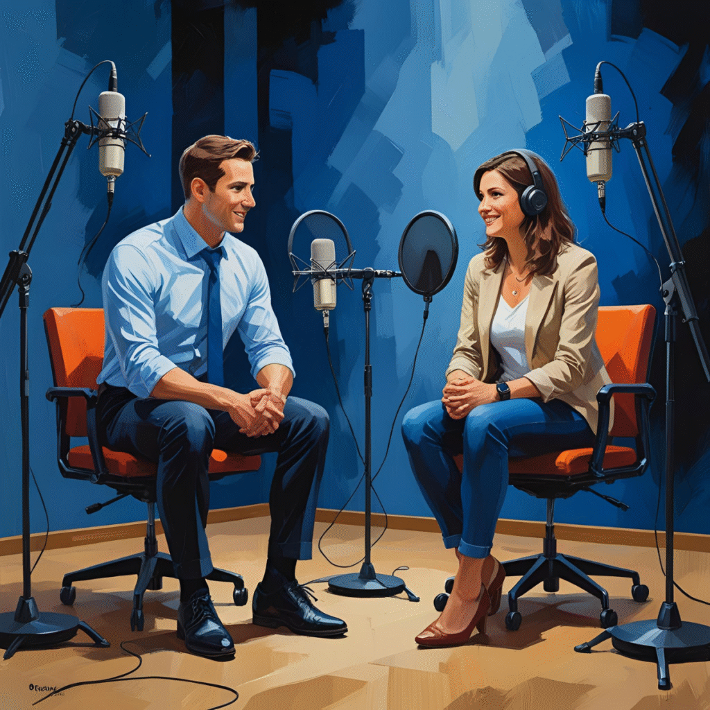 A PR person is preparing their client for a podcast interview in studio.