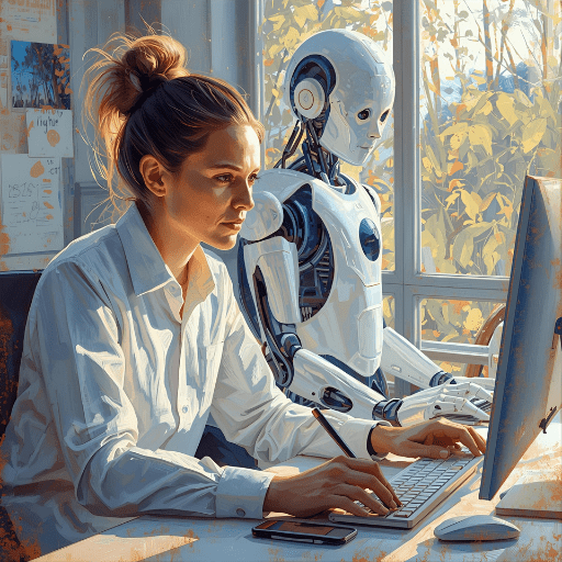 Woman sitting next to AI bot working on a computer.