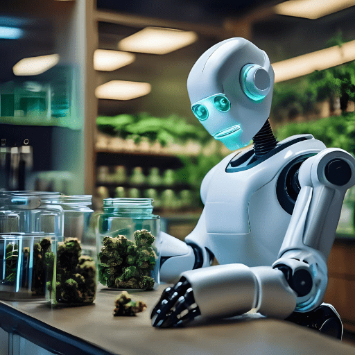 A robot works at the counter of a dispensary putting cannabis in jars.