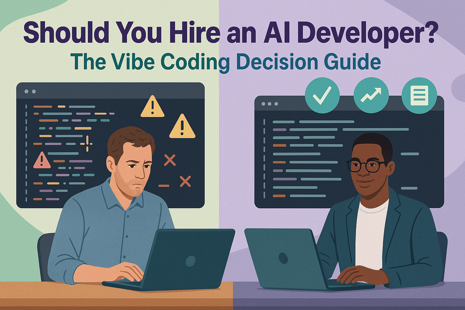 Two developers at laptops showing coding challenges vs success - AI developer hiring analysis and decision guide