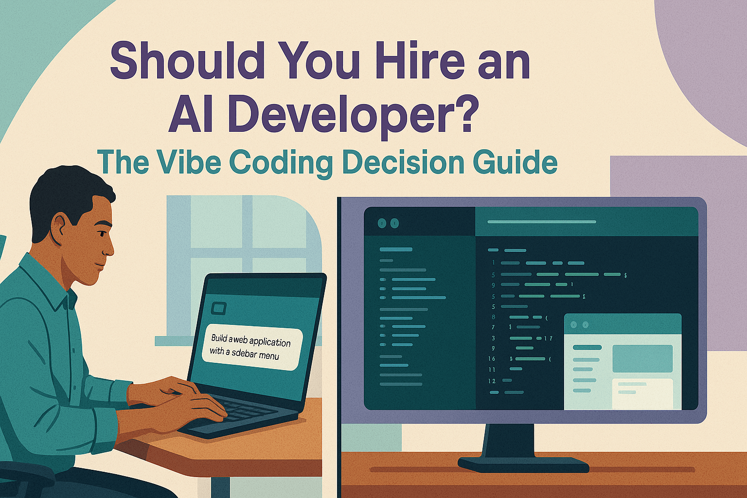 Developer working on laptop with coding interface showing web application development and sidebar menu analysis