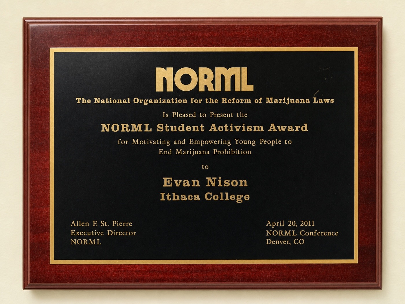 NORML Student Activism Award presented to Evan Nison in 2011