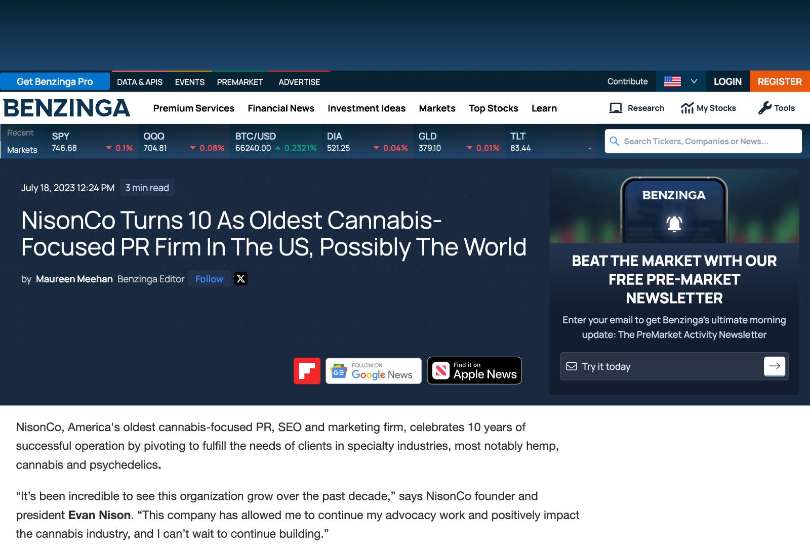 Benzinga feature recognizing NisonCo as one of the oldest cannabis-focused PR and SEO firms in the US