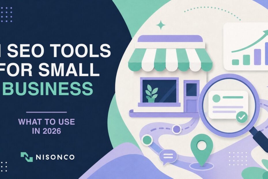 AI SEO tools for small business in 2026, illustrated in NisonCo's branded editorial style