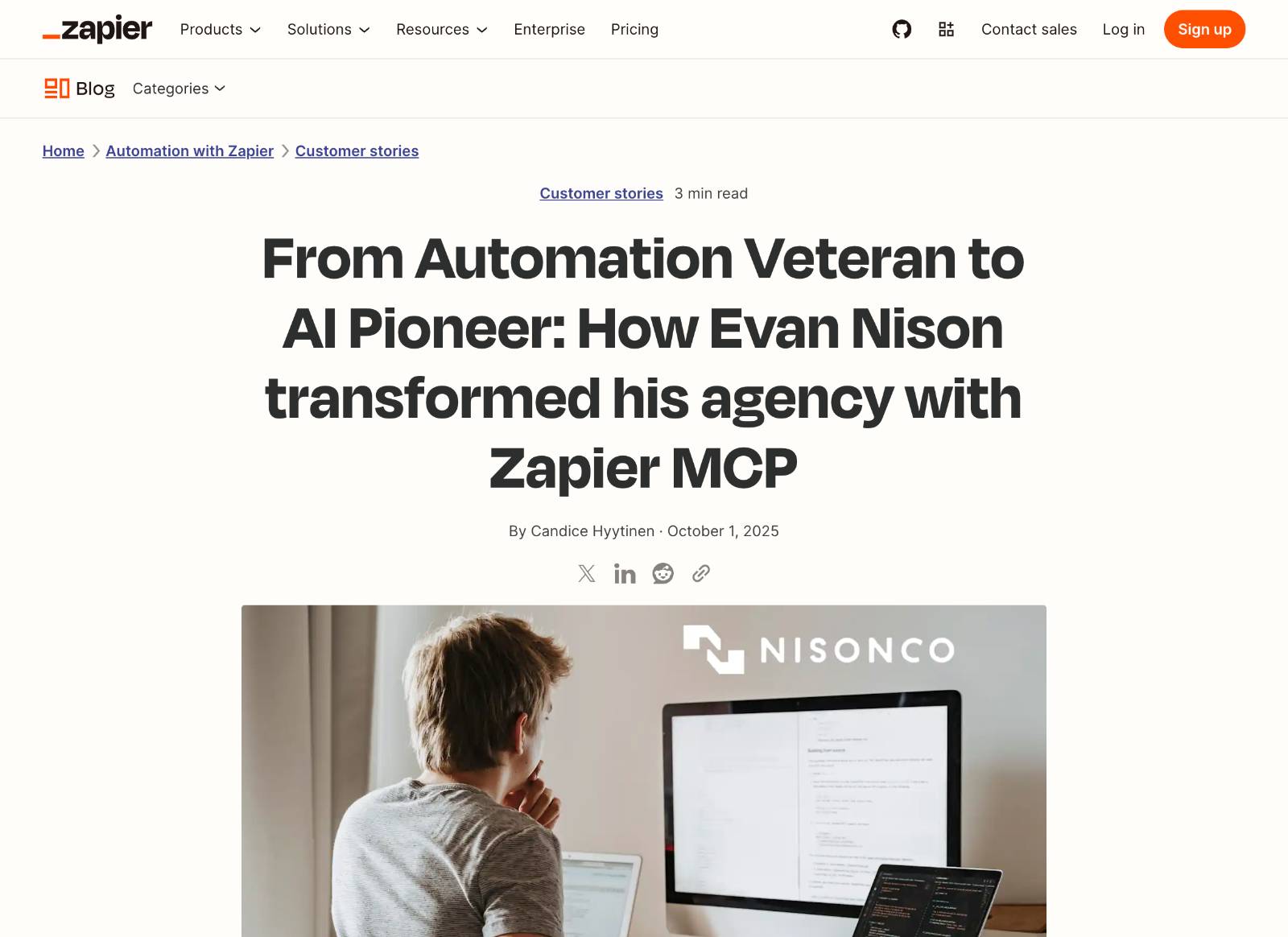 Zapier headline about Evan Nison transforming NisonCo with Zapier MCP