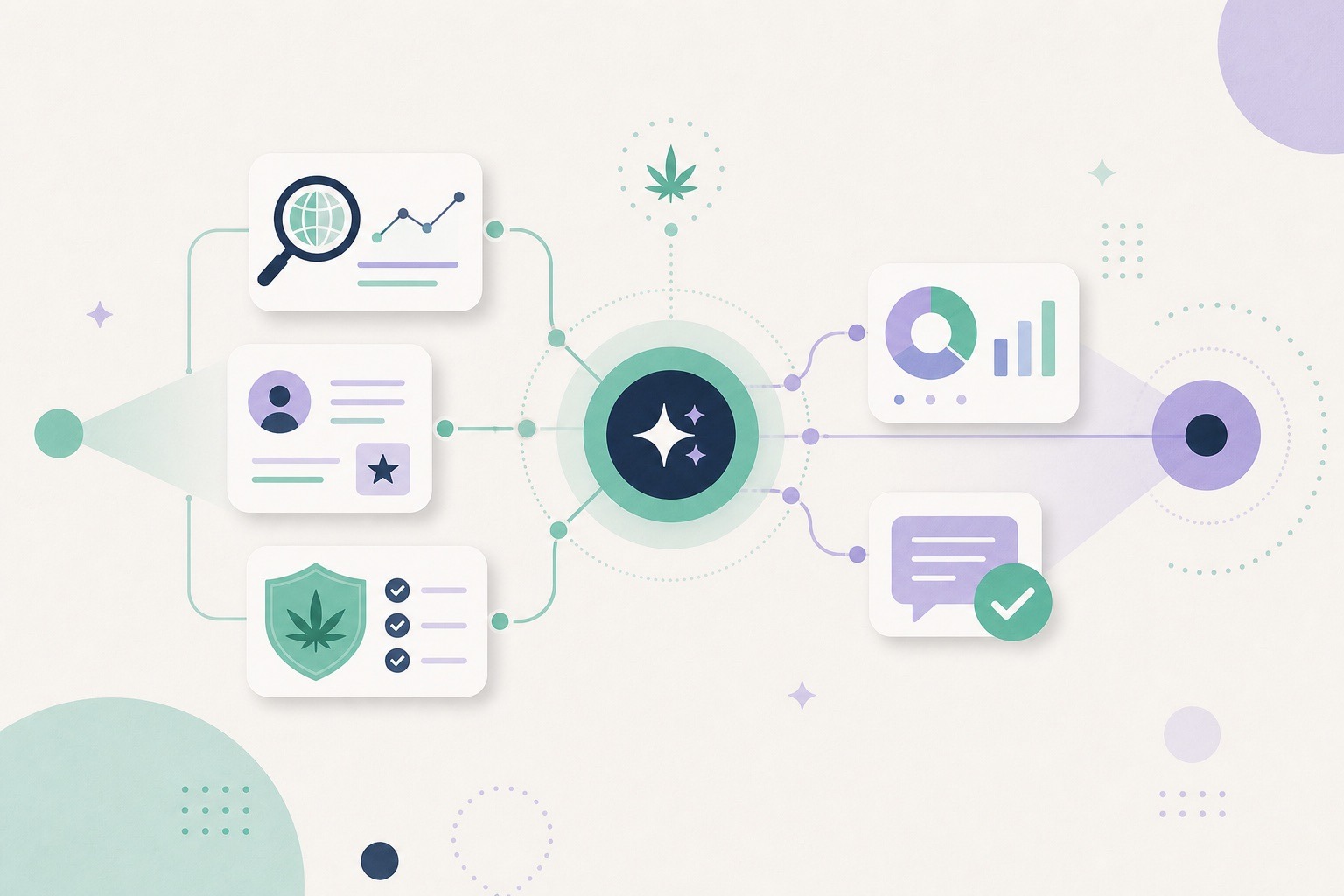 AI-assisted cannabis public relations workflow connecting media research, compliance review, coverage analytics and human approval