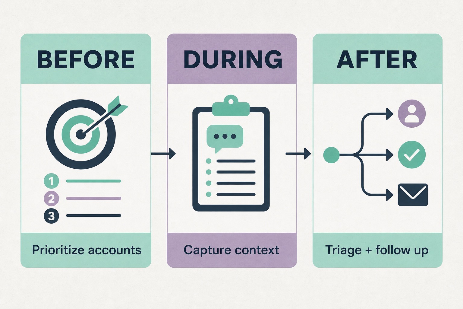 Three-stage conference lead generation workflow: prioritize accounts before the event, capture context during it, and triage and follow up afterward.