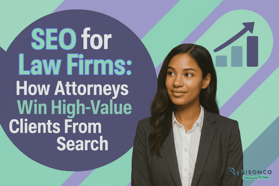 An image of a woman in a dark blazer beside a rising arrow and bar chart, with the title SEO for Law Firms in a navy circle on NisonCo's mint and purple brand background. The image represents the first-page and map-pack visibility that feeds an attorney's caseload. Connect with NisonCo to learn how law firm SEO brings in qualified clients.
