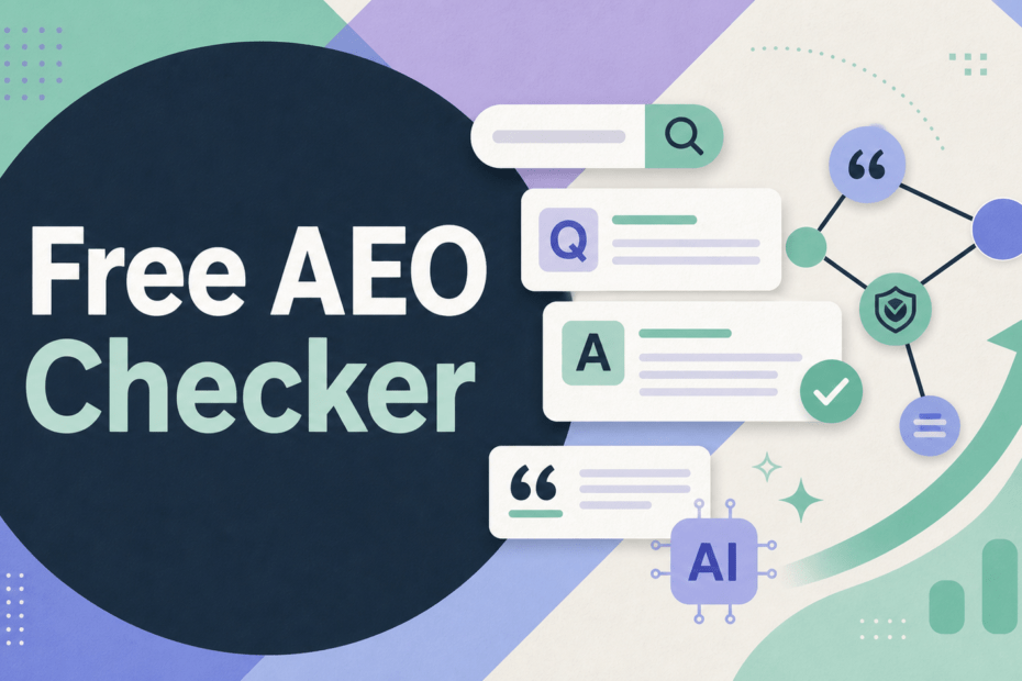 People-free editorial illustration for NisonCo's Free AEO Checker with search, citation, and webpage symbols