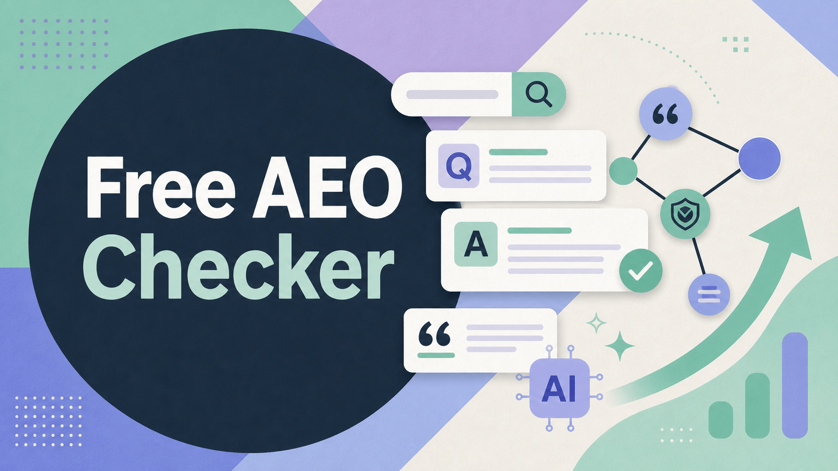 People-free editorial illustration for NisonCo's Free AEO Checker with search, citation, and webpage symbols