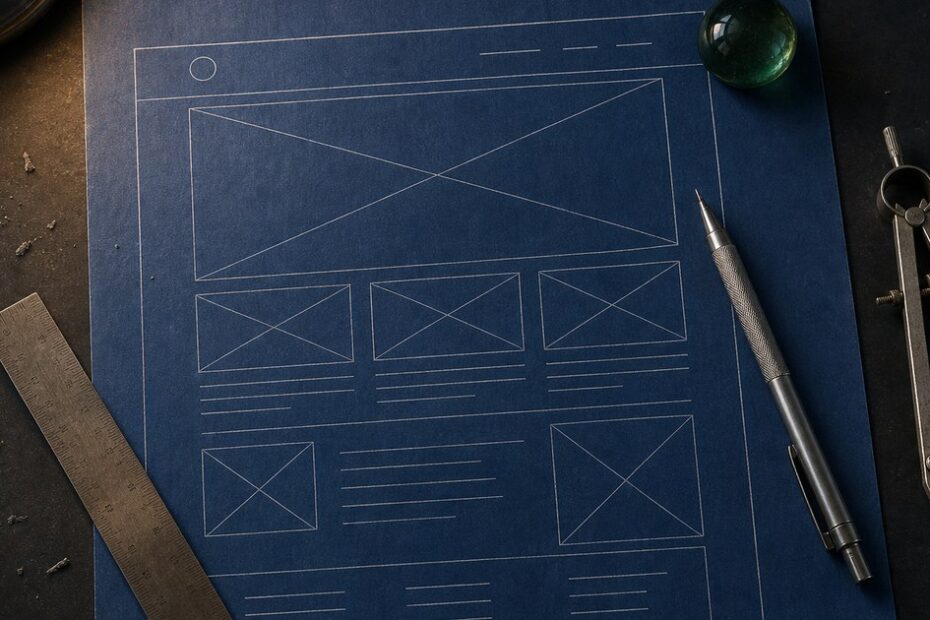 Website wireframe drawn in white linework on blue blueprint paper with a steel ruler, mechanical pencil, drafting dividers, and an emerald glass button