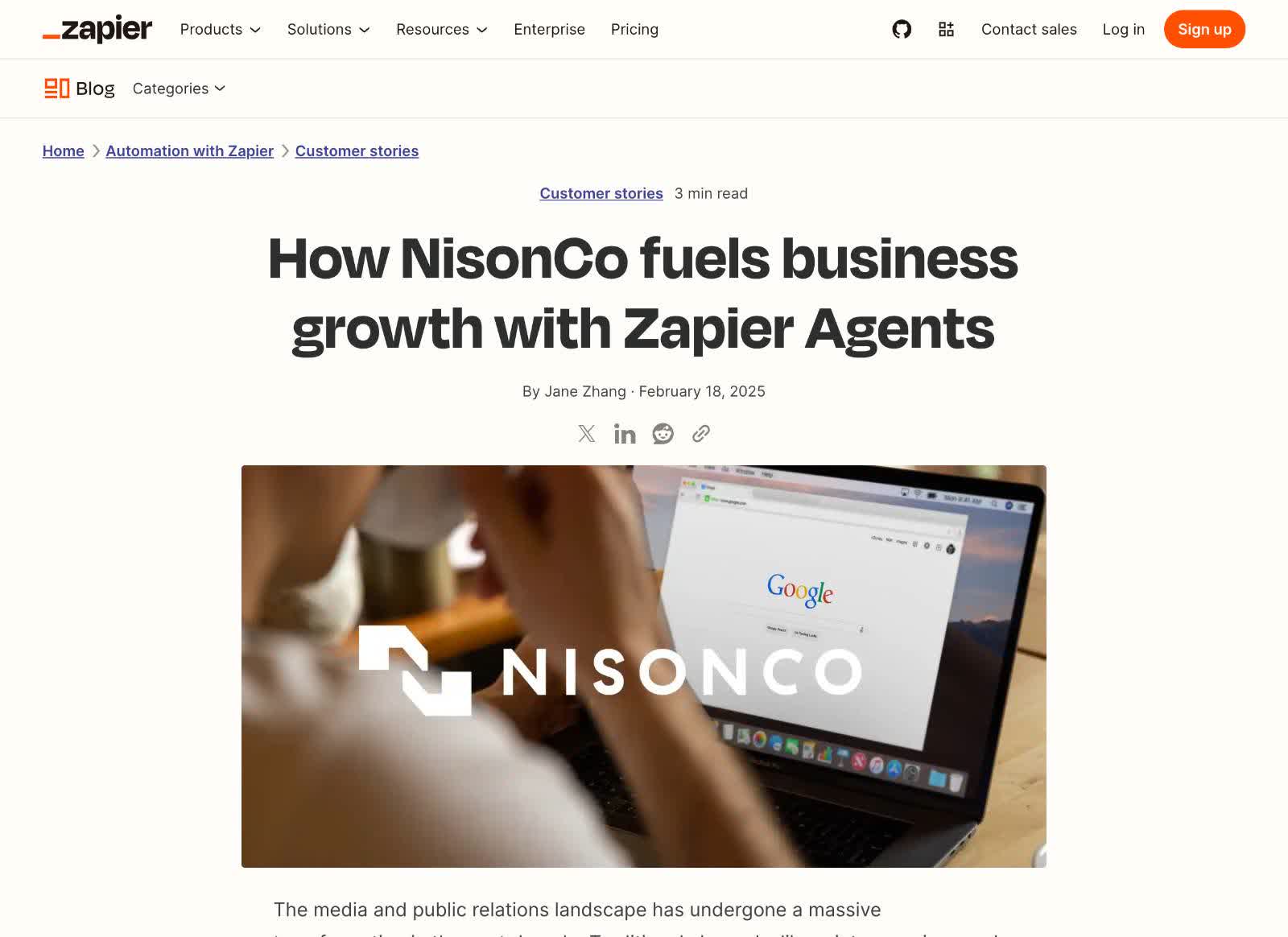 Zapier customer profile titled How NisonCo fuels business growth with Zapier Agents