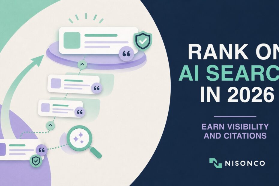 How to rank on AI search results in 2026, illustrated in NisonCo's branded editorial style