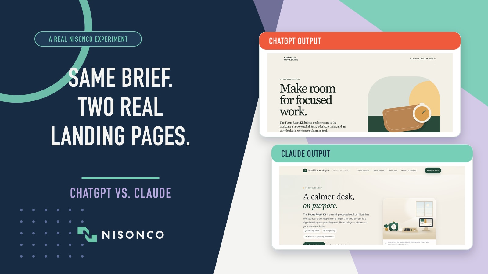 A real NisonCo experiment comparing ChatGPT and Claude landing pages created from the same brief.