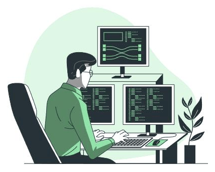 An illustration of a developer building software on a large screen full of code. The image represents the custom agents, integrations and automations we build around a single business problem. Ship working software fast with custom AI software development from NisonCo.