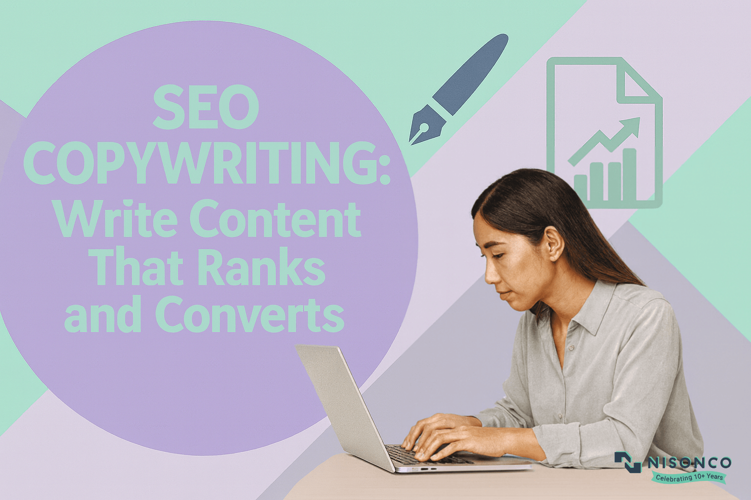 SEO copywriting services — writer typing at a laptop at her desk