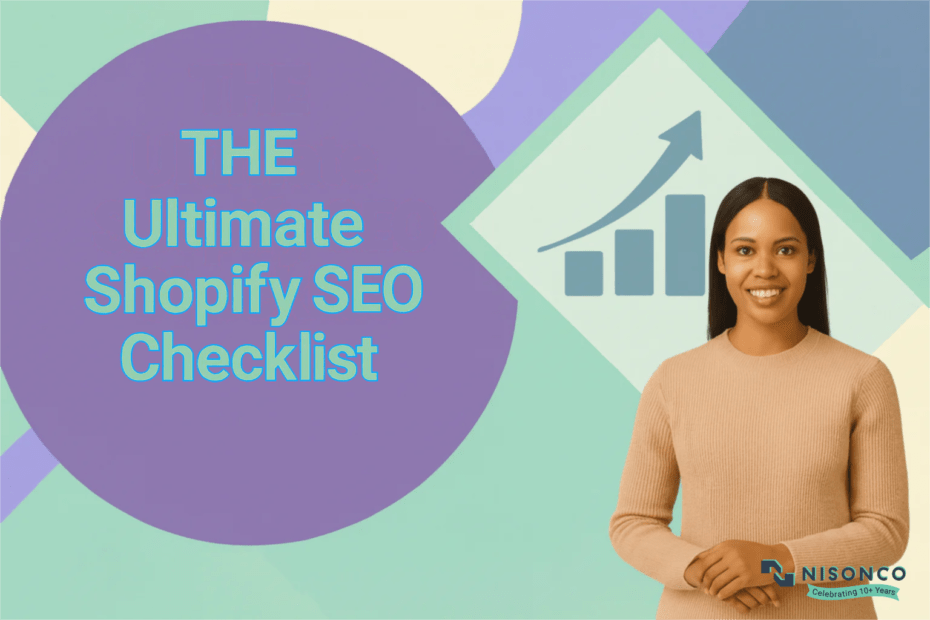 Smiling woman standing beside a rising bar chart, with the text The Ultimate Shopify SEO Checklist on a purple circle