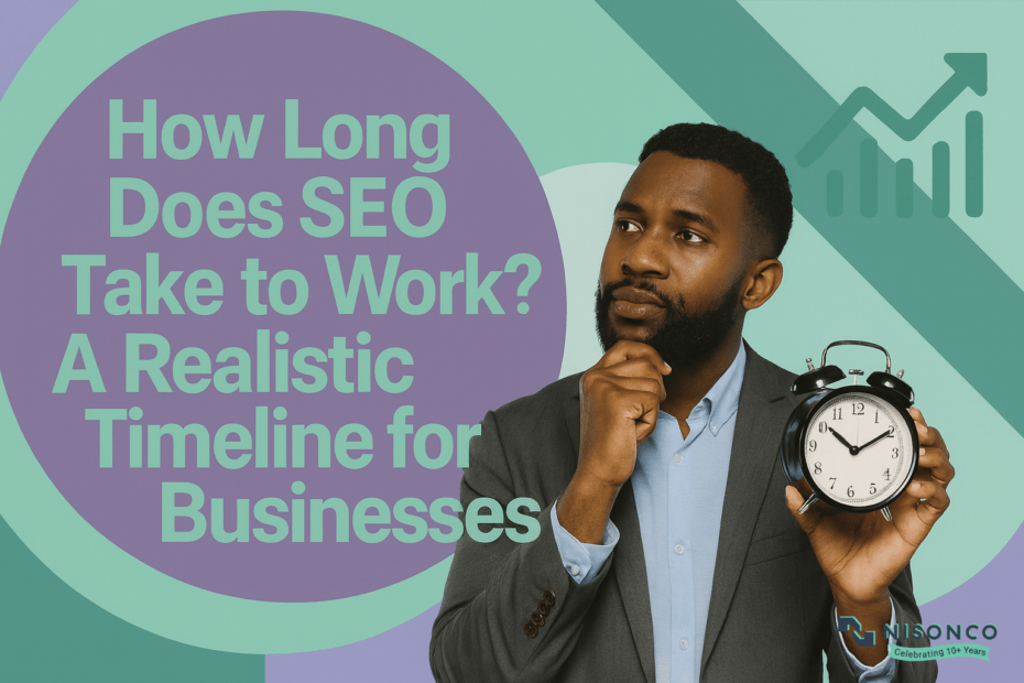 Bearded man in grey blazer holding an alarm clock beside How Long Does SEO Take to Work headline with growth chart