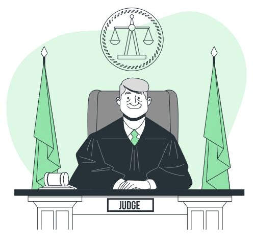 An illustration of a judge seated at the bench with a gavel and the scales of justice. The image represents the practice-area searches clients run before they ever call a firm. Turn searches into signed clients with law firm SEO services from NisonCo.