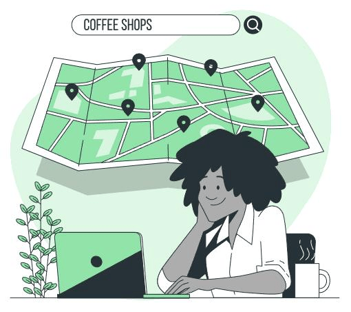 An illustration of a person searching a map with location pins marking nearby results. The image represents the near me searches that decide which business a customer calls first. Claim your spot in the Google Map Pack with local SEO services from NisonCo.