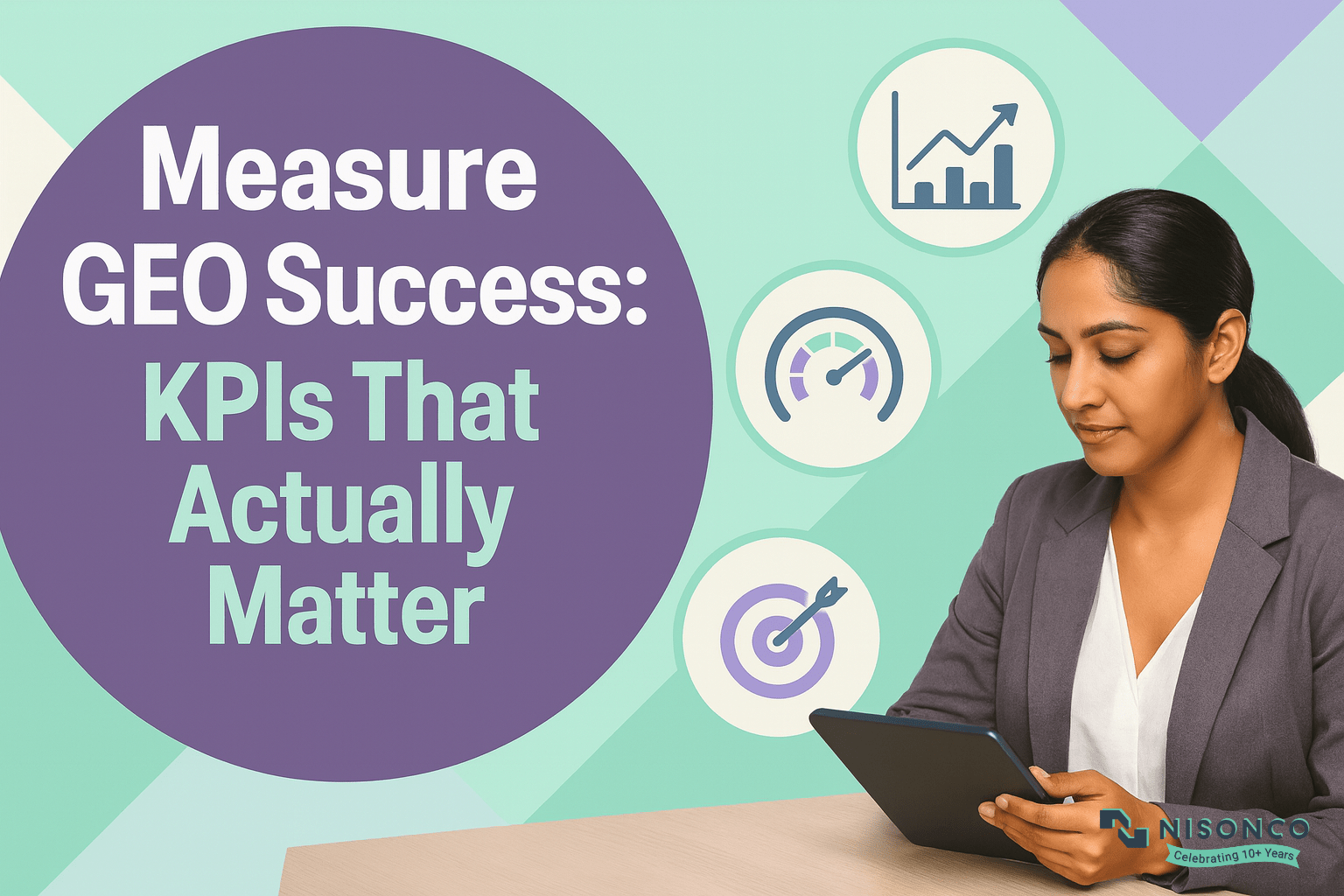 Measure GEO success: marketer reviewing KPI dashboards on a tablet at her desk