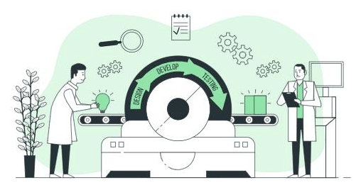 An image of two individuals standing on either end of a conveyor belt labeled with the steps in the CPG product development process. The image represents the importance of SEO for manufacturing companies and CPG brands. Move your manufacturing company up in the ranks with NisonCo, a top manufacturing SEO agency.