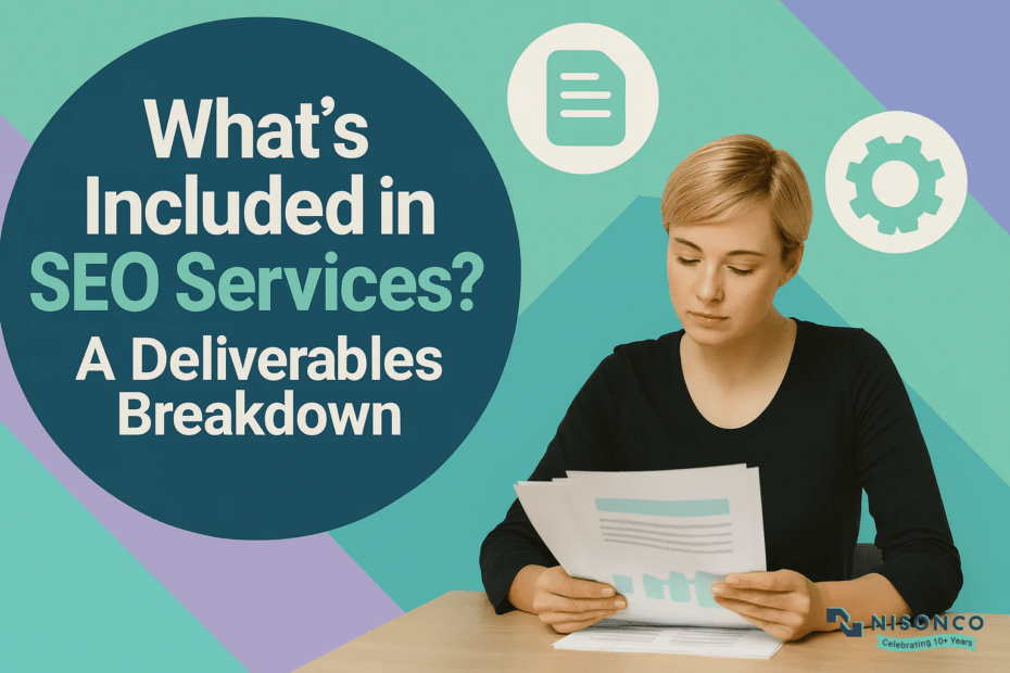 What is included in SEO services: analyst reviewing a printed SEO deliverables report