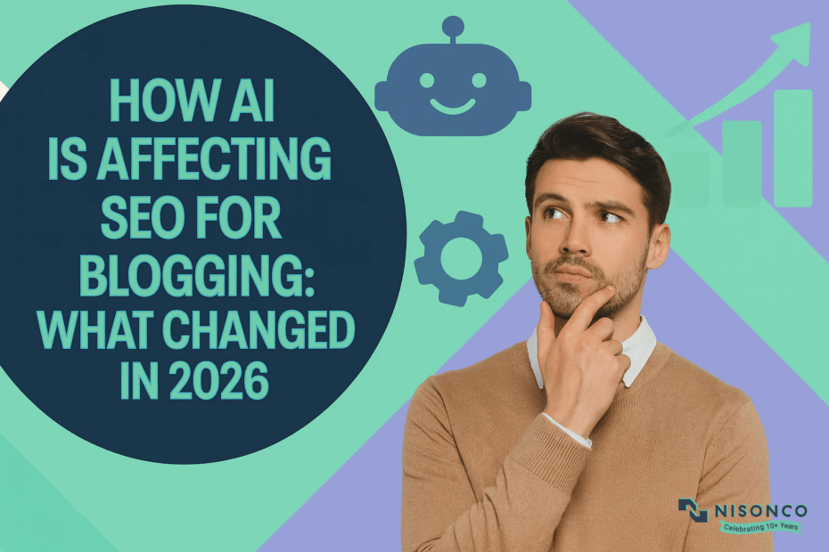 Man considering how AI is affecting SEO for blogging, beside a robot icon and a rising results chart.