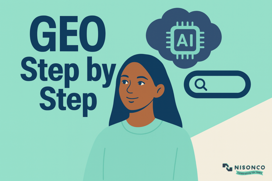 Woman planning how to do generative engine optimization, beside an AI chip icon and a search bar.