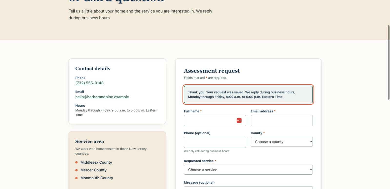 Lovable contact form showing a successful submission confirmation