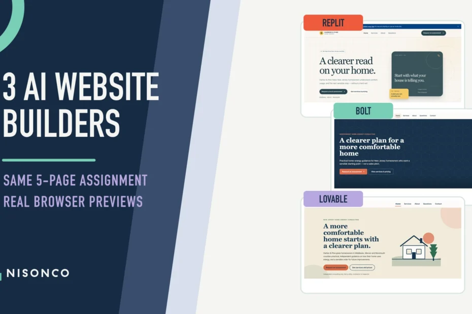Replit, Bolt and Lovable website previews from the same five-page AI website builder test
