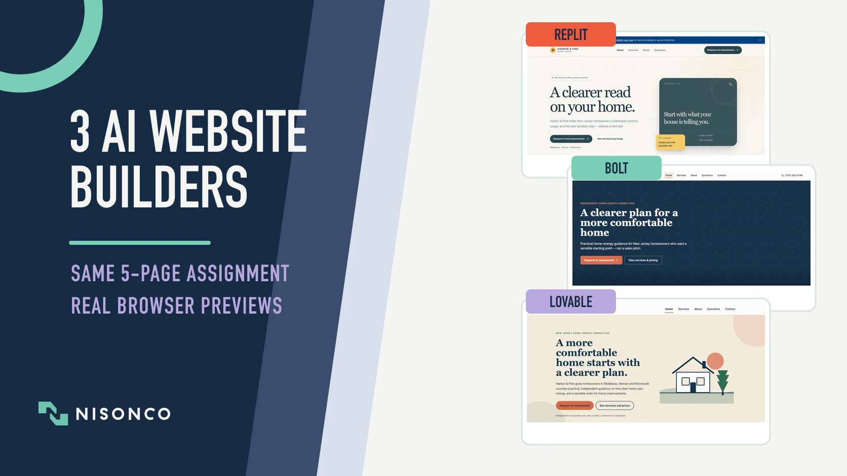 Replit, Bolt and Lovable website previews from the same five-page AI website builder test