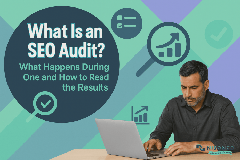 What is an SEO audit — NisonCo graphic showing what happens during an audit and how to read the results