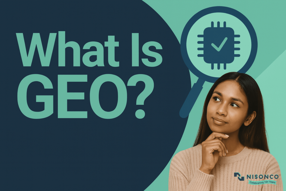 Woman considering what generative engine optimization is, beside an AI chip icon inside a magnifying glass.