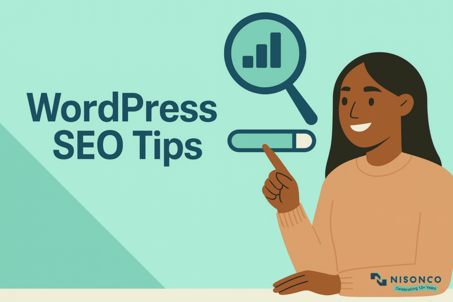 Woman pointing at a WordPress SEO progress bar beside a magnifying glass showing a rising results chart.