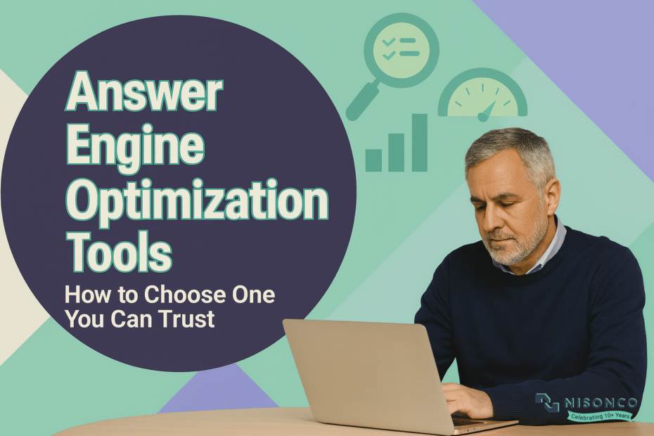Man with short grey hair working at a laptop next to the headline Answer Engine Optimization Tools: How to Choose One You Can Trust