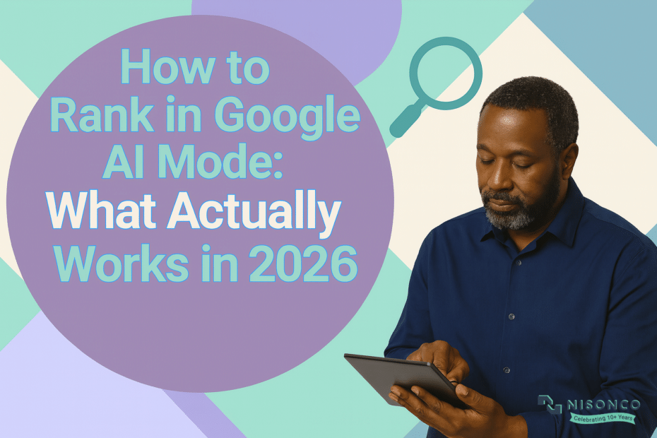 Man looking down at a tablet next to the headline How to Rank in Google AI Mode: What Actually Works in 2026
