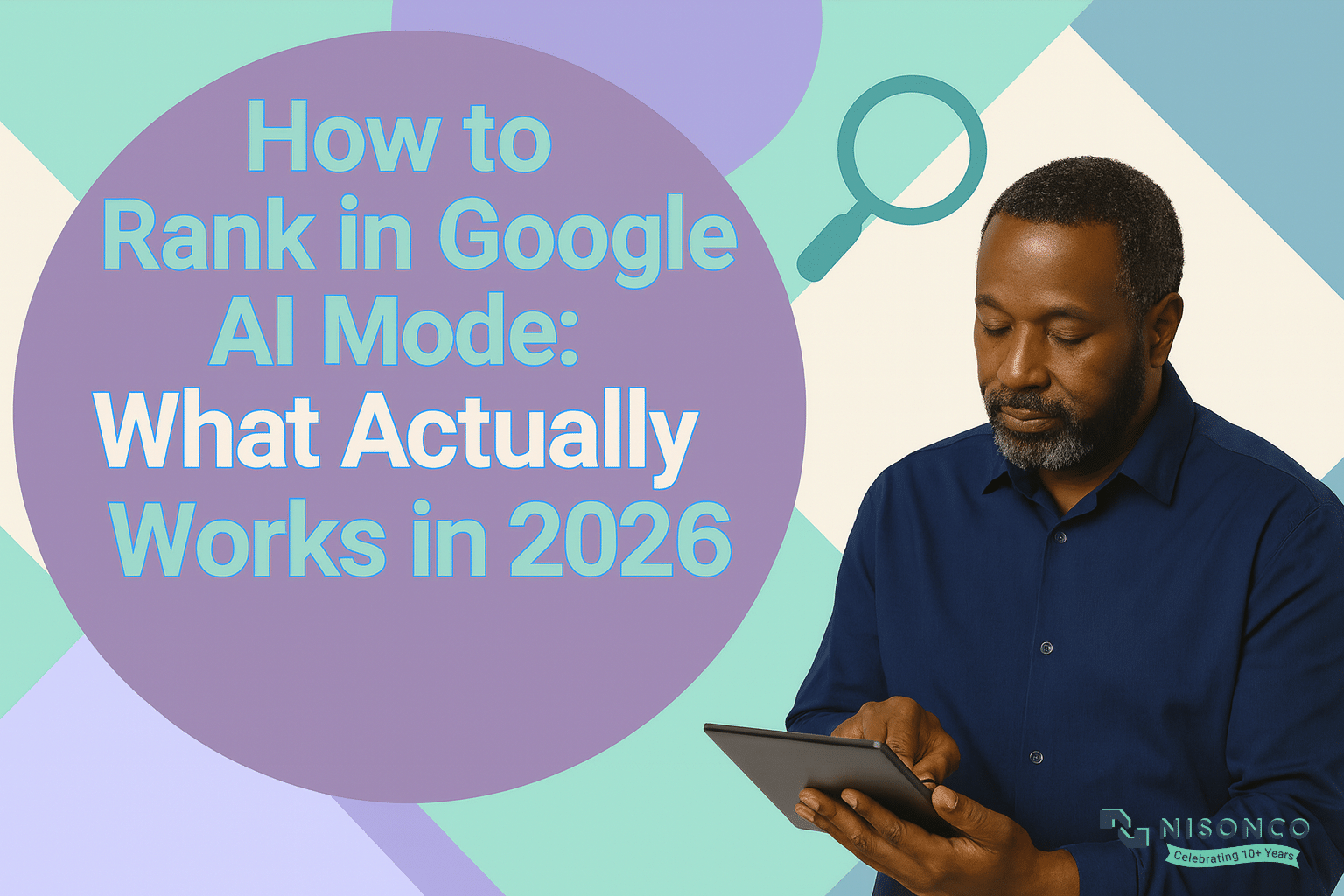 Man looking down at a tablet next to the headline How to Rank in Google AI Mode: What Actually Works in 2026