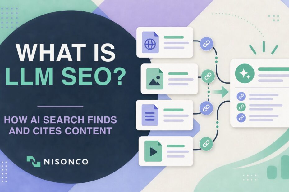 What is LLM SEO? Sources being retrieved and connected into a cited AI search answer.