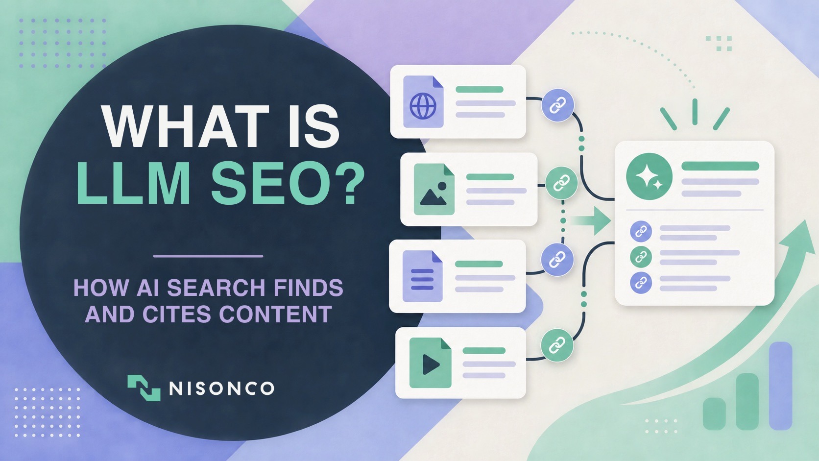 What is LLM SEO? Sources being retrieved and connected into a cited AI search answer.